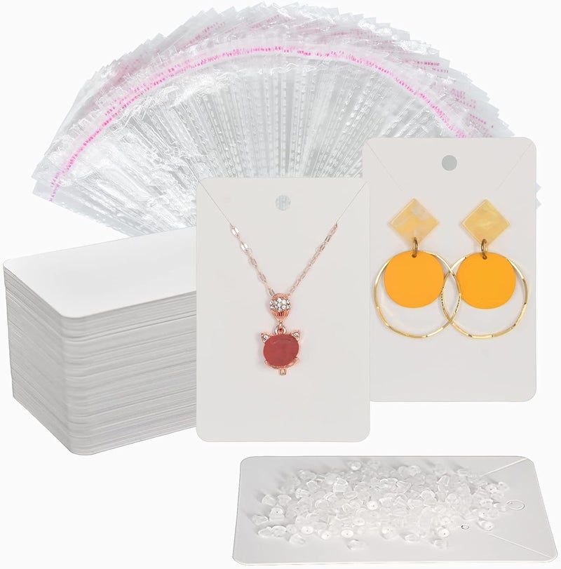 Twavang White Earring Display Cards with 100Pcs Earring Holder Cards, 200 Pcs Ear Backs and 100Pcs Jewelry Packaging Bags for Necklace Jewelry Display (3.5" x 2.3" Inches) - Image 1